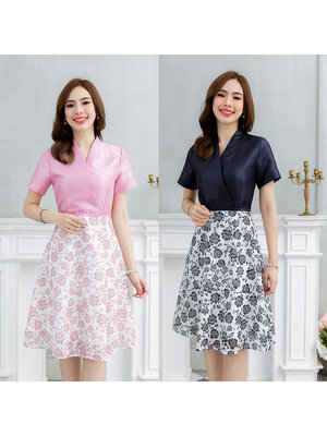 kudapy เดรสสั้นสีชมพู/สีกรม กระโปรงลายดอกสวยดูดี แขนสั้น ใส่ออกงานดูดี