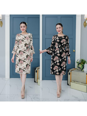 kudapy เดรสสั้นสีครีม/สีดำ แขนระบายทรงสวย เนื้อผ้าลื่นพริ้วใส่สบาย ลายกุหลาบโทนสีสวย แขนระบายมีซับด้านใน