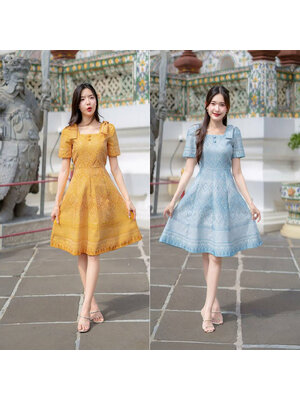 kudapyเดรสสั้นสีเหลือง/สีฟ้า ผ้าลายไทยแต่งโบว์ไหล่