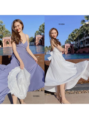 kudapy เดรสยาวสีฟ้า/สีขาว สายเดี่ยวผูกโบว์หลัง ผ้าไหมอิตาลี่ สีพื้น กระโปรงทรงบานฟรีไซต์สุดๆ