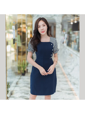 kudapy เดรสสั้นสแดง/สีชมพู/สีกรม แขนตุ็กตาอกหยักแต่งกระดุม ใส่สบายสวยดูดี