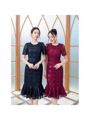 kudapy เดรสสั้นสีแดงไวน์/สีกรม ลูกไม้นิ่มผ้า แต่งด้วยเลื่อมทั้งชุด ดีไซน์ระบายชายเป็นพวงหางปลา