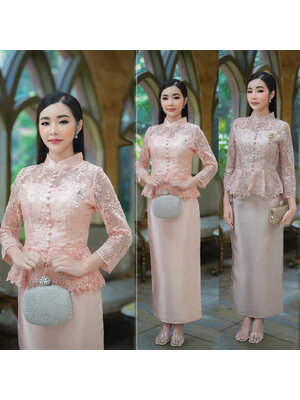 kudapy ชุดลูกไม้ใยบวบครีมน้ำตาลกะปิ / โอโรส ผ้าไหมญี่ปุ่น ผ้าหนาเงา ตัวเสื้อคอจีน