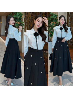 kudapy ชุดเซ็ทกระโปรงคริสตอลมาพร้อมกับเสื้อเชิ้ตและเข็มกลัดกุหลาบน่ารัก