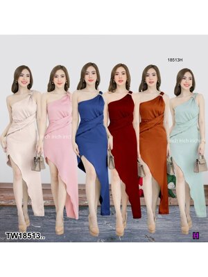 kudapy เดรสยาว ไหล่เดียว เดรสราตรี ชุดออกงาน แต่งโซ่ทอง ซิปหลัง งานสวยใส่แล้วน่ารัก