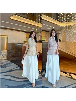 kudapy ชุดเซ็ททวิตปกขาวมาพร้อมกระโปรงยาว แถมฟรีเข็มขัด เสื้อใช้ผ้าทวิตทอพิเศษ มีซับในเป็นผ้าซาติน