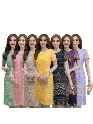 kudapy ชุดเดรสทรงสอบงานผ้าซาร่าพิมพ์ลายไทย คอกลม งานมีซับใน ชิปซ่อนหลัง (สีม่วงพาสเทล/สีเขียวพาสเทล/ สีชมพู/ สีเหลือง/สีดำ/ สีครีม/ สีมังคุด)