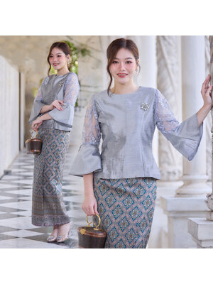 kudapy เซตออกงานสีเทา เสื้อผ้าไหม+ผ้าถุงทอลายกาฬสินทร์