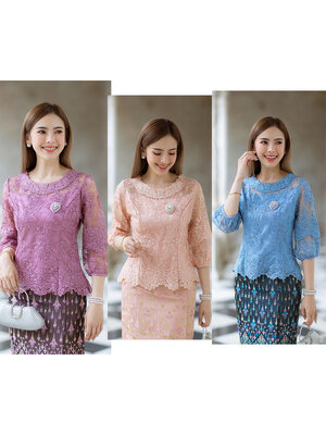 kudapy (เฉพาะเสื้อ) เสื้อลูกไม้ฝรั่งเศษแขนบอลลูน สีม่วง/สีฟ้า/สีชมพู คอกลม แขนสาวมส่วนทรงบอลลูนน่ารักมาก