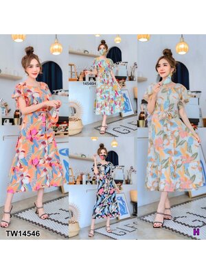 kudapy เดรสยาวสีครีม/สีเขียว กระดุมหน้า แขนกับชายระบาย มีสายผูกเอว เนื้อผ้าไหมเกาหลีพิมพ์ลายดอกไม้