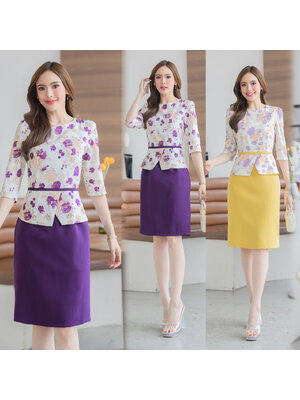 kudapy เดรสสั้นสีเหลือง/สีม่วง ผ้าโพลีเอสเตอร์เกรดนำเข้าอย่างดีทรงสวยแขนสามส่วน กระโปรงทรงเอ ปริ้นลายดอกผ่าหลังเล็กน้อย