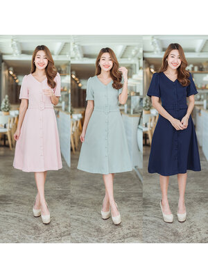 kudapy เดรสสั้นสีเขียว/กรม/ชมพู แต่งกระดุมหน้า+เข็มขัดสวยใส่แล้วดูดีมากๆ