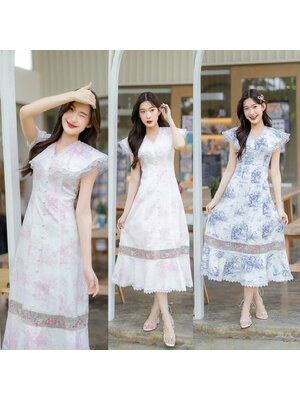 kudapy เดรสยาวสั้นสชมพู/สีฟ้า คอปกแต่งระบาย