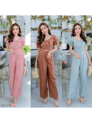 kudapy Set 2 ชิ้นสี ชมพู น้ำตาล เขียว เสื้อแขนพองปลายแขนสม๊อค อกจับจีบผูกโบว์ มาพร้อมกางเกงขายาว สวยๆ เก๋ๆ
