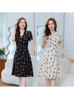 kudapy เดรสสั้นสีครีม/สีดำ ลายดอก เป็นเดรสคอปกแต่งมุก ช่วงอกมีดีเทลแต่งกระดุม ผ้านิ่มทิ้งตัวใส่สบาย