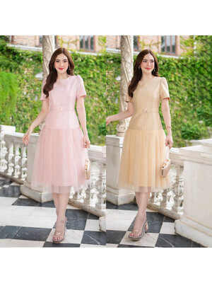 kudapy เดรสสั้นสีทอง/สีพิ้งโกล์ด ผ้าจิตลดา ตัวผ้าไหมจิตลดาอัดกาวทั้งชุด ทรงบานทรงเจ้าหญิง กระโปรงแต่งชีฟองด้านล่าง คอกลมแขนสั้นจับจีบ