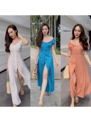 kudapy เดรสกระดุมผ่าหน้ายาวสีส้ม เขียว ม่วง คอกว้าง ผ้าไหมอิตาลี่ ใส่ได้ 2 แบบ ปาดไหล่