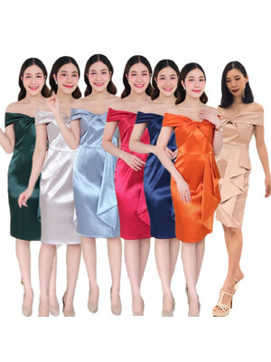 kudapy เดรสสั้นเปิดบ่าทวิชอก กระโปรงสอบ แต่งจีบสะโพก ซิปหลังใส่ง่าย เนื้อผ้าดัชเชสอัดกาว