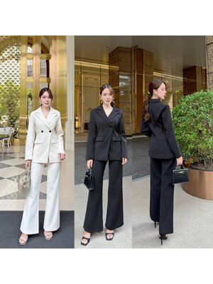 kudapypy ชุดเซ็ทเสื้อสูท ปกสูท มีรองบ่าๆเพื่อให้เป็นทรงสวย ออกแบบกระเป๋าให้สามารถใช้งานได้ มาพร้อมกับกางเกงใช้ผ้าเดียวกับเสื้อสูท