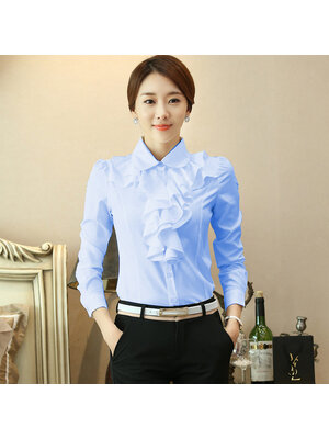 kudapy เสื้อเชิ้ตใส่ทำงานสีฟ้า แขนยาว คอบัวแต่งระบายด้านหน้า