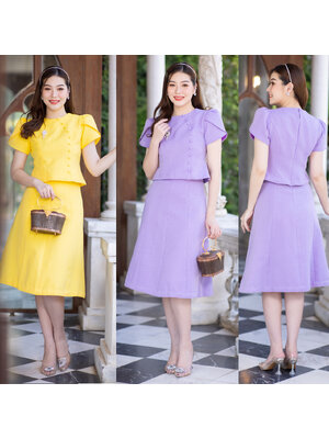 kudapy ชุดเซ็ทผ้าฝ้ายลายลูกแก้ว แต่งกระดุมหน้าเรียงยาวแขนสั้น สีไม่ตก ไม่หด นิ่มใส่สบาย อัดกาวทั้งชุด ใส่ได้หลายโอกาส