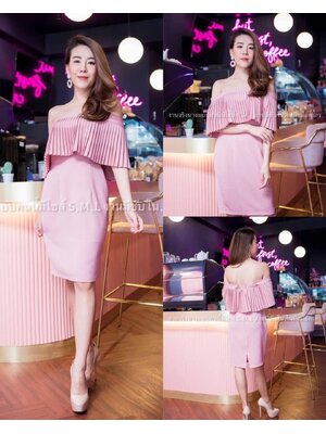 kudapy เดรสสั้นใส่ออกงานเปิดไหล่แต่งระบายอัดพีท ผ้าฮานาโกะ