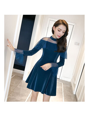 kudapy เดรสสั้นเขียวอมน้ำเงิน ผ้าโพลีเอสเตอร์กึ่งผ้ายืด แขนยาว ตกแต่งผ้าโปร่ง สวยทันสมัย