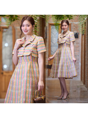 kudapy ชุดเดรสผ้าไหมไทยทอลายขวาง ใส่ออกงาน สีเหลืองตัดชมพู