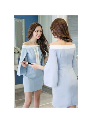 kudapy ชุดเดรสสีฟ้าเปิดไหล่แขนยาวผ่าแขนด้านในเก๋ๆเรียบหรูดูแพง