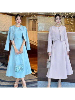 kudapy เซ็ท 3 ชิ้น: เดรสยาว+ครอป+เข็มขัด เสื้อคลุมติดไข่มุก เดรสออกมาให้เข้ารูปเอวสูง มีฟองน้ำในตัว ซิปด้านหลัง