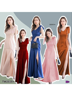 kudapy แม็กซี่เดรสสีกรมท่า/สีครีมสีชมพ/สีส้มอิฐ/สีแดง โบว์ไหล่ ยาวระบายชาย งานซิปหลัง ชุดออกงาน ชุดเพื่อนเจ้าสาว