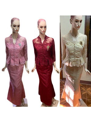 kudapy ชุดเซทผ้าไหมอิตาลีสีแดง/สีชมพู/สีครีม เอวดีด แต่งเอวแต่งจีบ งานเย็บประณีต มีซับใน