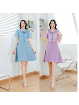 kudapy เดรสสั้นสีฟ้า สีม่วง คอบัวผูกโบว์กระโปรงสีพื้น
