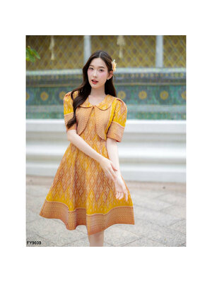 kudapy เดรสสั้นสีเหลือง ผ้าไทยกั๊กคอบัวใส่ทำงาน ออกงานสวยดูดี