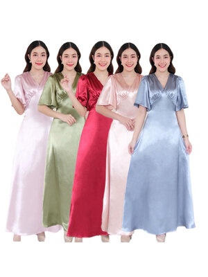 kudapy เดรสยาว แขนระฆัง คอวี คัตติ้งเอวสูง จับจีบใต้อก กระโปรงบานพรางแขน พรางสะโพก ซิปหลังยาว