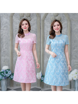 kudapy เดรสสั้นสีฟ้า/สีชมพู อกมุก สวยเงามีเทคเจอร์ลายดอกชัด ดีเทลแต่งมุกช่วงอกเพิ่มความสวย
