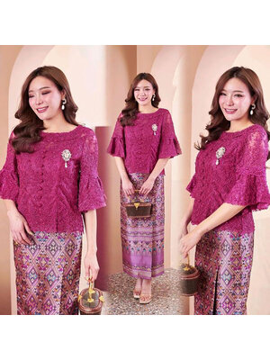 kudapy เซ็ทเสื้อลูกไม้ฝรั่งเศษสีชมพูบานเย็น+ผ้าถุงผ้าไหมแพรวากาฬสินธุ์ตัดสำเร็จ