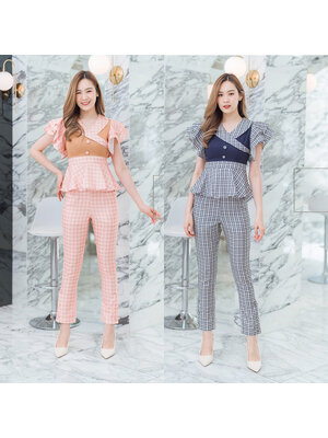 kudapy เซทเสื้อสกอต+กางเกงขายาวลายสกอตสีดำ/สีส้ม