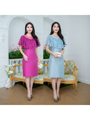 kudapy เดรสสั้นสีชมพูบานเย็น/สัฟ้า ผ้าไหมคลุมไหล่เป็นผ้าปักดอกไม้ปักด้วยเลื่อมโทนสีเดียวกับชุด