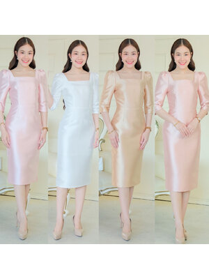 kudapy เดรสสั้นออกงาน แขนสามส่วน ดีเทลจับจีบหัวไหล่ กระโปรงสอบผ่าหลัง คอเหลี่ยม