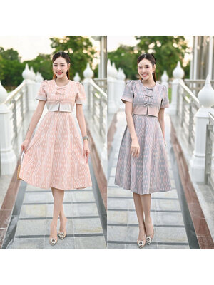 kudapy เดรสสั้นสีชมพูโอรส/สีฟ้าคราม เดรสผ้าไทย แขนสั้น ดีทิวโด่นเด่น ใส่ออกงานสวยดูดี