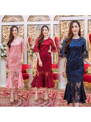 kudapy ชุดเดรสลูกไม้ไปงาน สีแดงสด/สีชมพูโรสโกลด์/น้ำเงินกรมท่า ซับในซาตินอย่างดี แต่งชายทรงหางปลาด้วยผ้าซีทรูเพิ่มดีเทลเซ็กซี่
