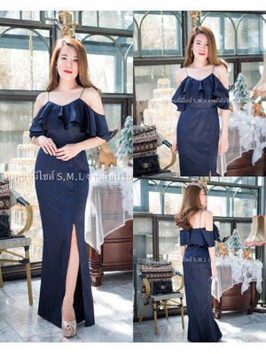 kudapy ชุดราตรียาวแต่งระบายสายเดี่ยวผ่าหน้า สีฟ้า ผ้าซาร่าไม่ยืดนะคะ