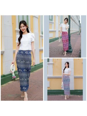 kudapy ชุดเซตผ้าไหมลายไทยใส่ออกงานสีกรมท่า สีฟ้า สีแดง พร้อมเสื้อลิซ่าสีขาว