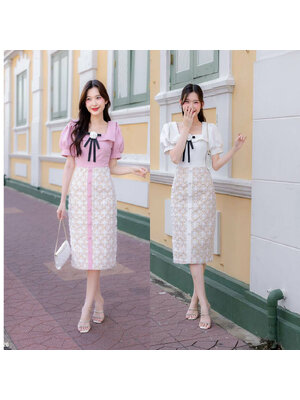 kudapy เดรสสั้นสีชมพู/สีขาว แขนตุ๊กตาแต่งโบว์อก