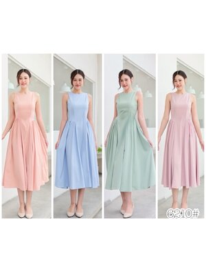 kudapy เดรสออกงาน แขนกุด คอกลม ทรงเก๋ กระโปรงบานพริ้ว แต่งจีบสะโพก มีริ้บบินโบว์ผูกหลัง