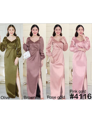 kudapy เดรสยาวสีโรสโกล/สีชมพู/สีน้ำตาล/สีเขียว แขนยาว จับจีบอกทิวลิป จีบเอวพรางหน้าท้อง บ่าและปลายแขนสม็อคยืดได้ แขนจั้มได