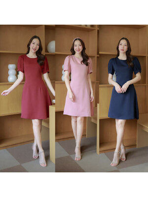 kudapy เดรสสั้นสีแดง/สีกรม/สีชมพู แขนตุ๊กตาคอกลม ผ้าใส่สบาย