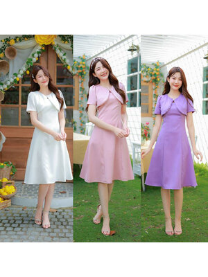 kudapy เดรสสั้น แขนสั้นคอกลมแต่งกระดุมซิปหลัง