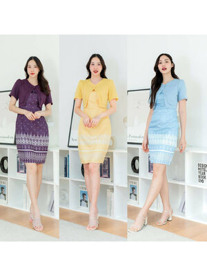 kudapy เดรสสั้นสีม่วง/สีเหลือง/สีชมพู เดรสผ้าลายไทยกั๊กผ้าพื้น